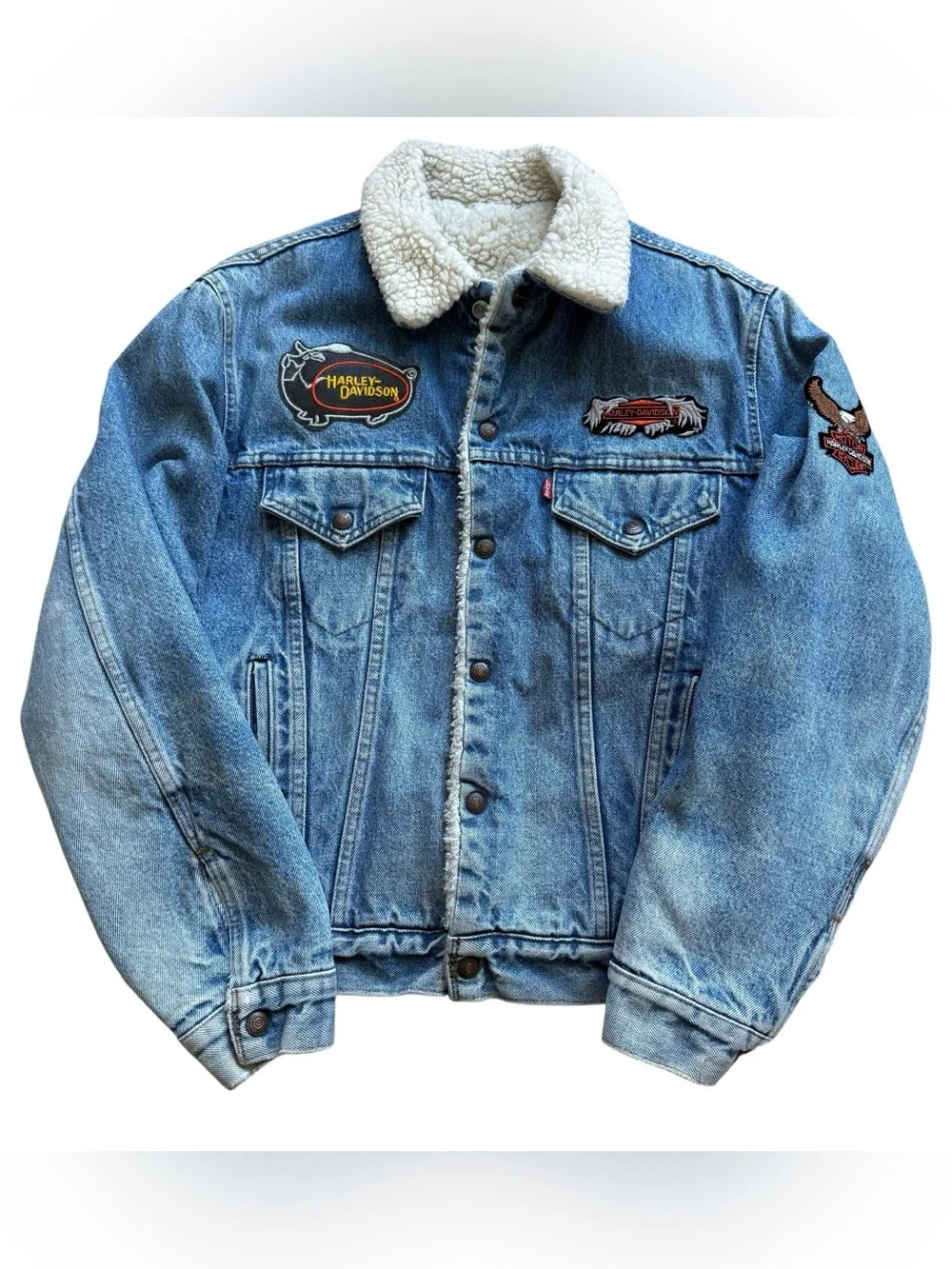 VTG Levi’s x Harley Davidson Patches Trucker Sherpa Distressed Denim Biker Y2K